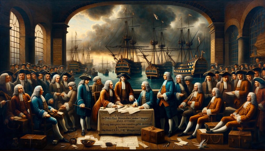 1702 depicting the British Crown and Dutch East India Company officials colluding under the Maritime Wagering Act.