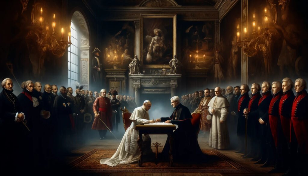 1822 depicting the secret collusion between the Pope and the British Monarch, resulting in the signing of the Secret Treaty