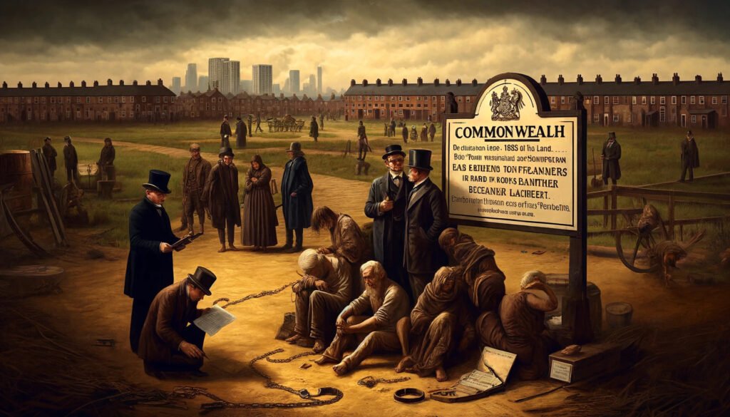 1837 depicting the effects of the British Settlement Act. The background shows a stretch of public wasteland being designate