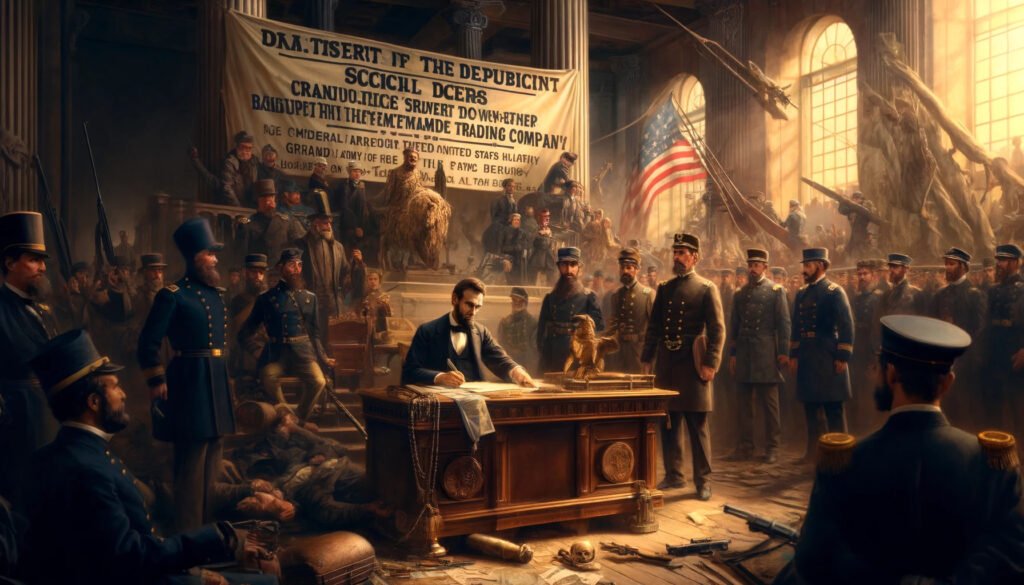 1863-depicting-Abraham-Lincoln-succeeding-in-bankrupting-the-United-States-Trading-Company-and-issuing-General-Order-100