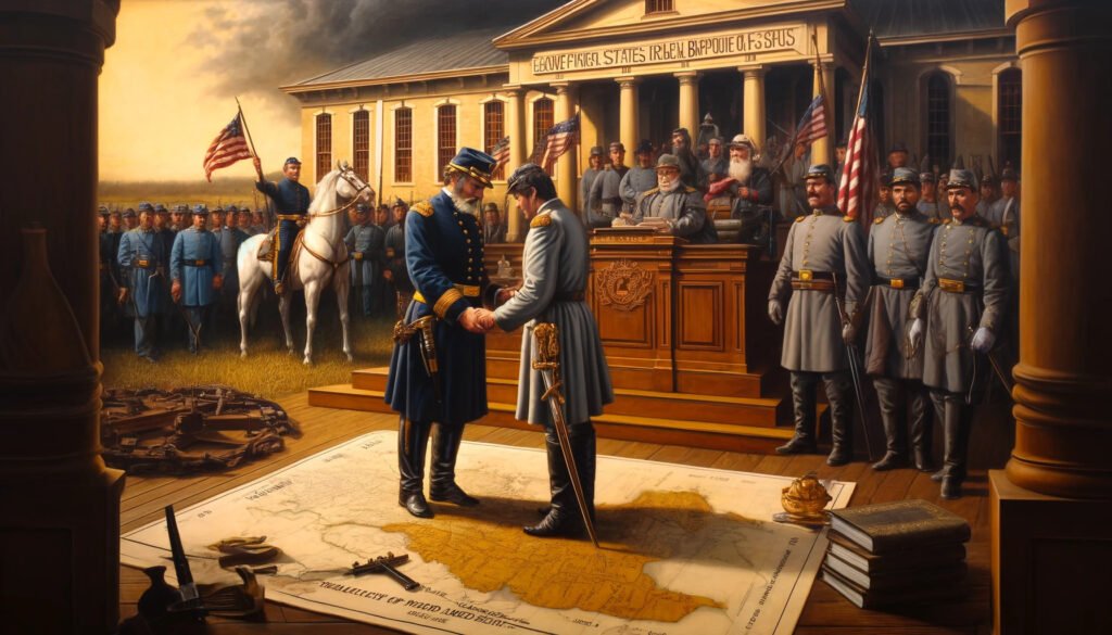 1865-depicting-General-Lee-surrendering-to-General-Grant-at-Appomattox.-The-background-shows-the-historic-Appomattox-Court