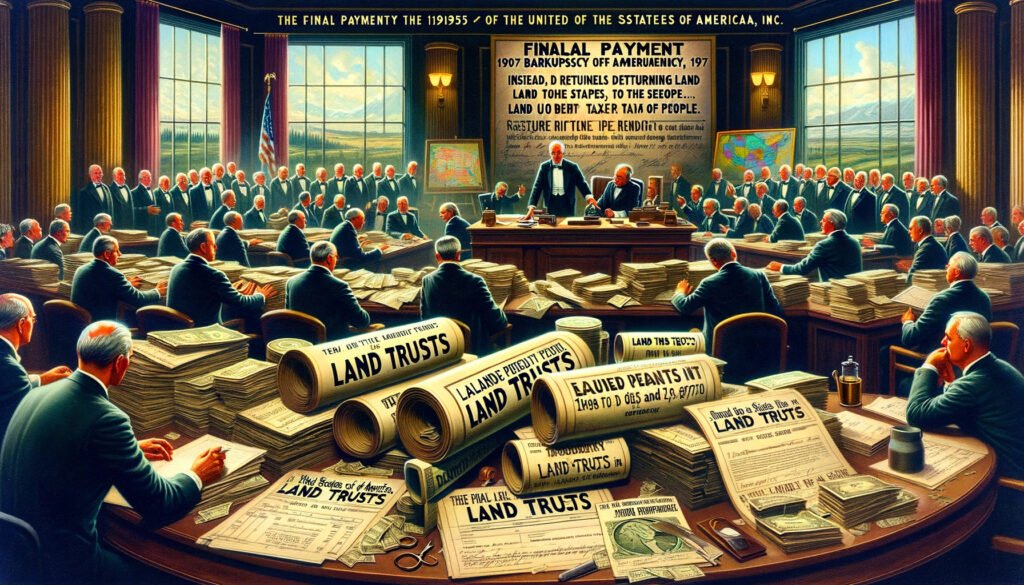 1953 showing the final payment of the 1907 bankruptcy of The United States of America, Inc. The background depicts a formal