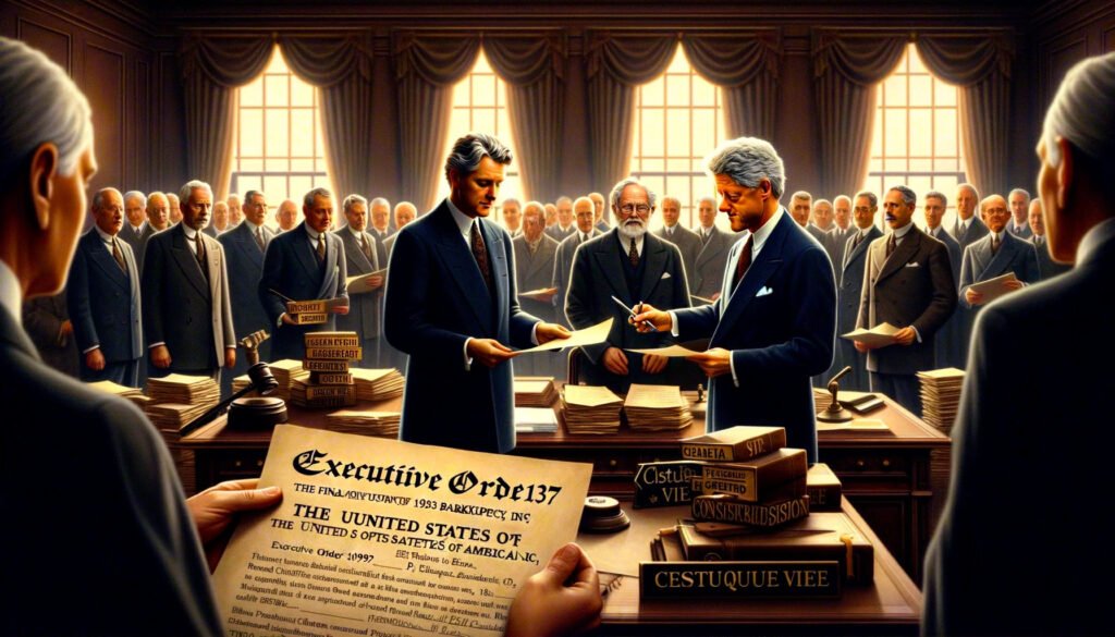 1999 depicting the final payment of the 1933 bankruptcy of the United States of America, Inc. The background shows a formal