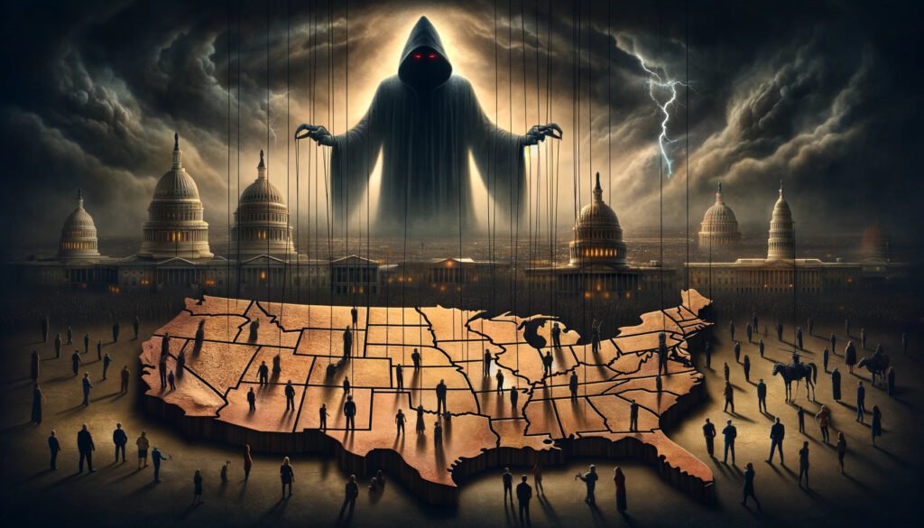 A dramatic scene depicting a covert, malevolent force that has secretly invaded and taken control of America long ago.