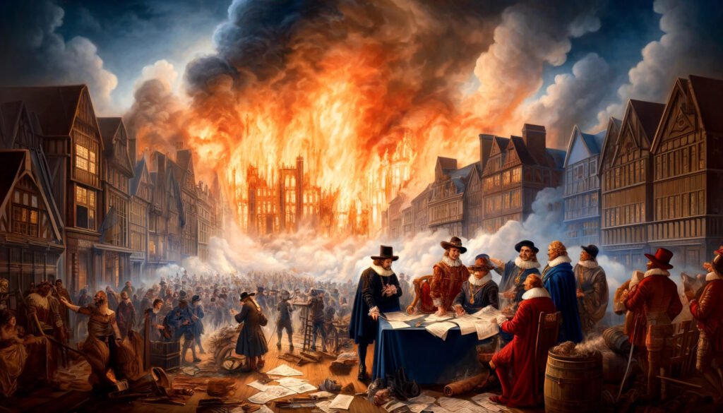 A historical scene depicting the Great Fire of London in 1666. The background shows a massive, destructive fire engulfing buildings, with flames and smoke.