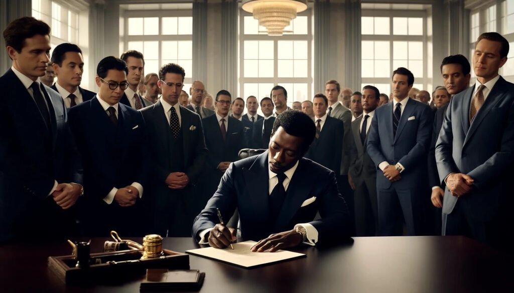 Obama signing a document in a business setting, surrounded by a lot of people in suits watching. The scene is set in a modern office